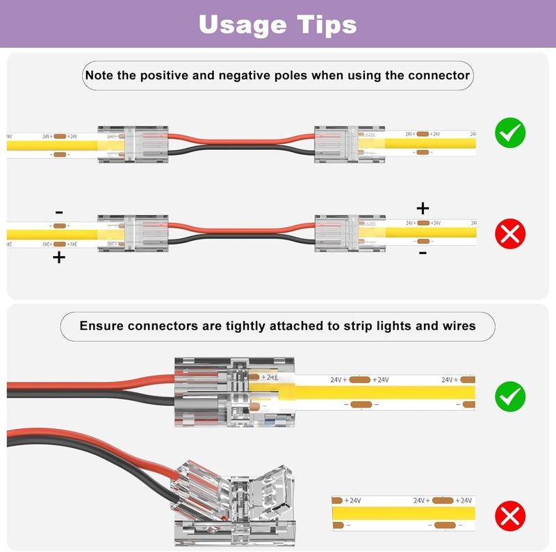 MIWISE 8mm Connectors Kit for 2-Pin COB LED Strip,20Pcs Strip-to-Wire Connectors,Solderless Extension Connectors for 5V/9V/12V/24V Single Color COB LED Strip Lights,for DIY Lighting Projects - Image 4